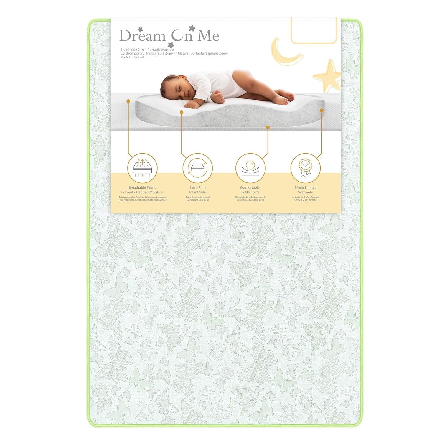 Dream On Me 2-in-1 Breathable Two-Sided 3" Portable Crib Mattress | Waterproof Cover | Dual Sided | Fits Portable/Mini Cribs | Fiber Core | Promotes Airflow, 1 Count (Pack of 1)