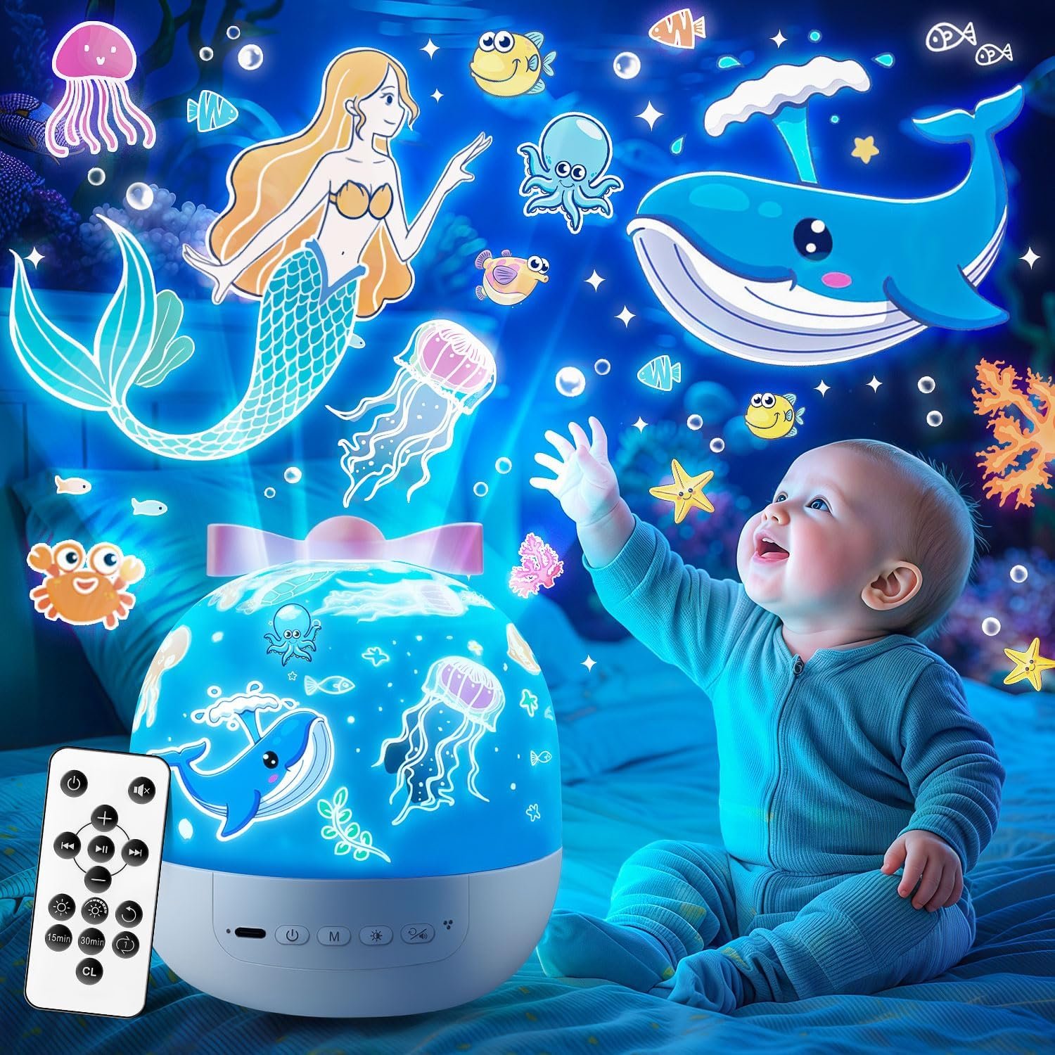 PIKOY Star Projector for Kids Gifts, 15 Films+15 Soothing Sounds Machine Baby Night Light Projector, Remote 360° Rotation Fruit Ocean Star Lights for Ceiling Decor, Kawaii Birthday Gifts Girls Toys