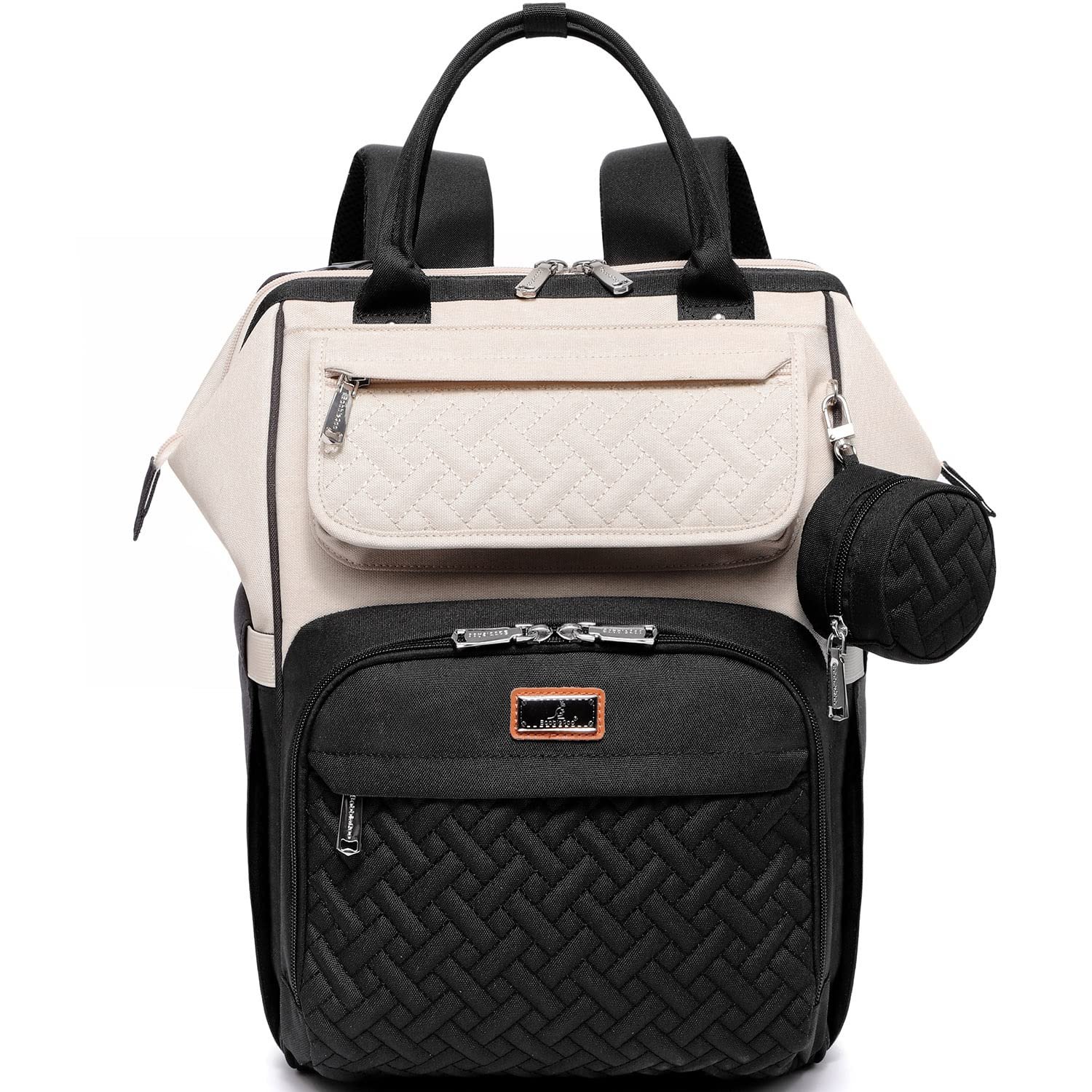 BabbleRoo Diaper Bag Backpack, Multifunction Nappy Changing Bag with Changing Pad, Stroller Straps & Pacifier Case, Unisex Stylish Travel Back Pack for Moms & Dads – Apricot & Black