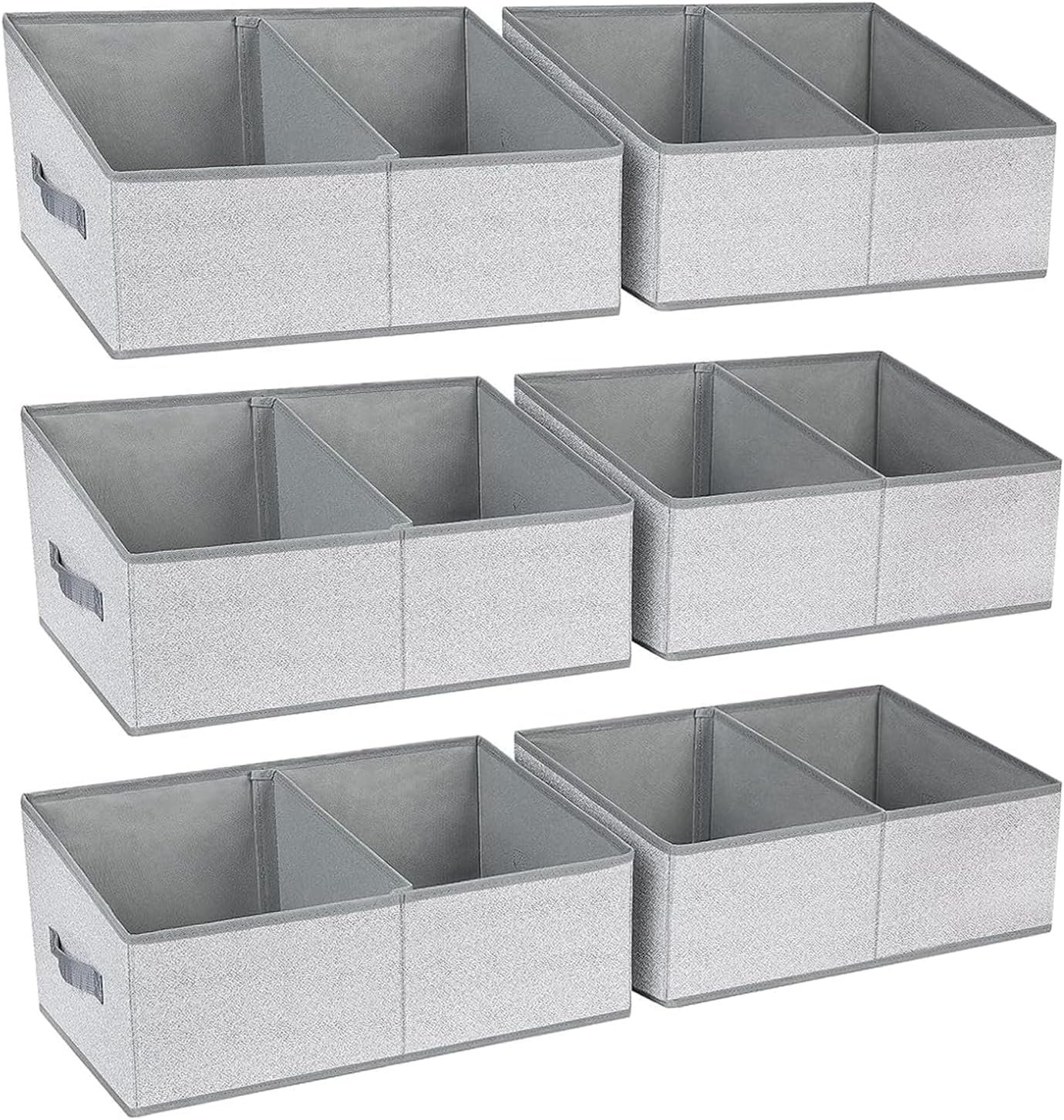 DIMJ Large Closet Shelf Organizer Bins 6 Packs with Handles and Divider, Fabric Trapezoid Storage Baskets, Foldable Clothes Containers Box for Shelf, Towel, Book, Toy, Purse, Hats, Grey