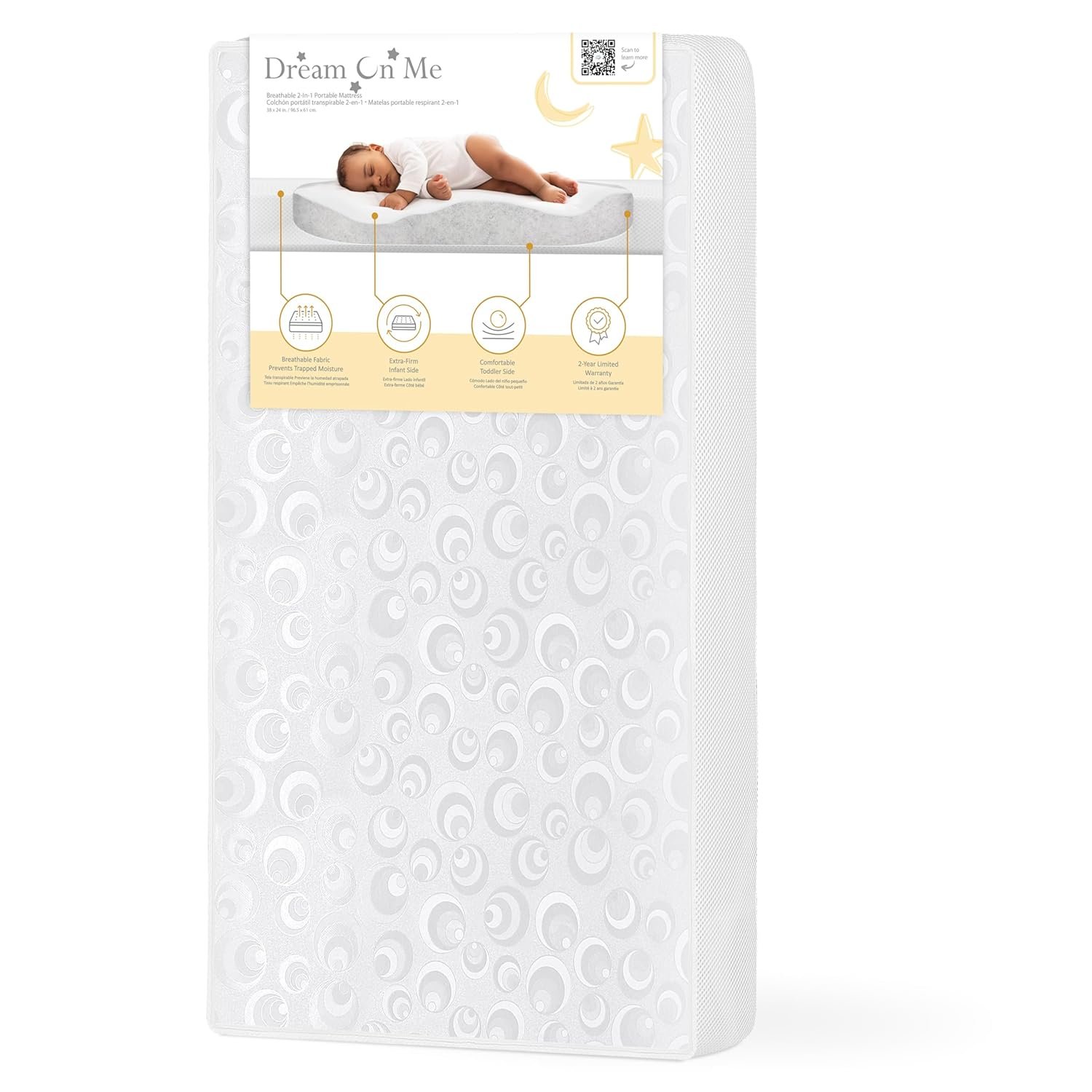 Dream On Me 2-in-1 Breathable Two-Sided 3" Portable Mini Crib Mattress, Greenguard Gold Certified, Vinyl and Breathable Fabric, White