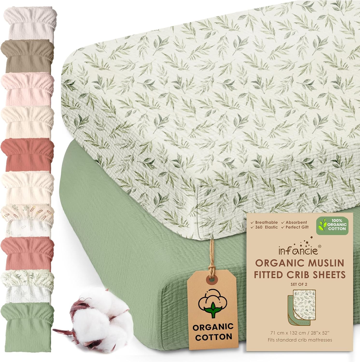 100% Organic Cotton Muslin Crib Sheets (Set of 2) – Soft & Breathable Fitted Sheets for Boys and Girls, Neutral Colors – Fits Standard Baby Crib Mattress (28 x 52 Inches) Green/Floral