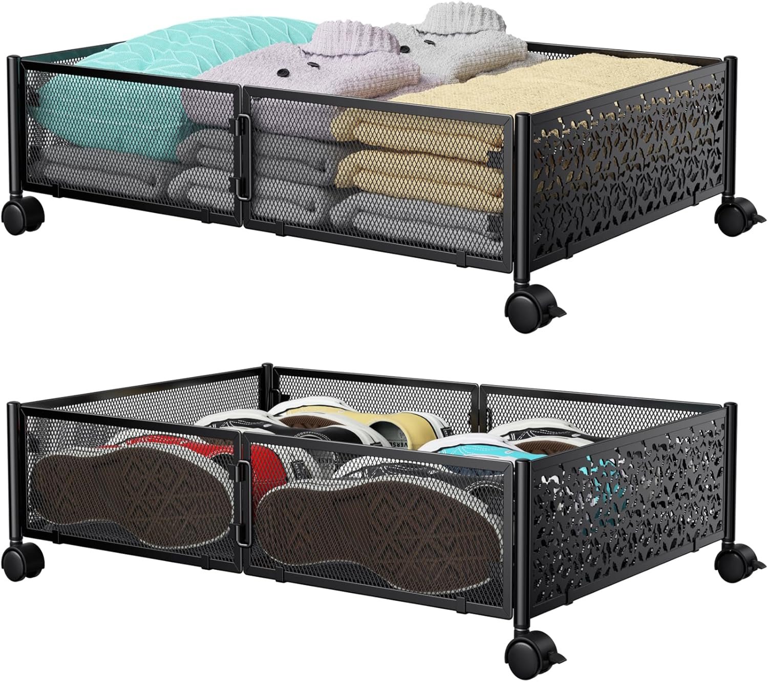 PHINOX Under Bed Storage Containers with Wheels, Under Bed Shoe Storage Organizer Drawer, Tool-free Assembly Metal Storage Containers for Bedroom Clothes Shoes Blankets -2PCK