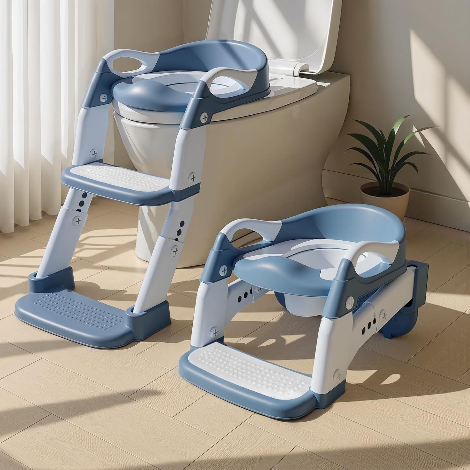 3-in-1 Potty Training Seat & Training Toilet & Potty Chair, Height AdjustableToddler Toilet Seat for Kids, Foldable Potty Training Toilet with Splash Guard & Anti-Slip Steps (Gray)