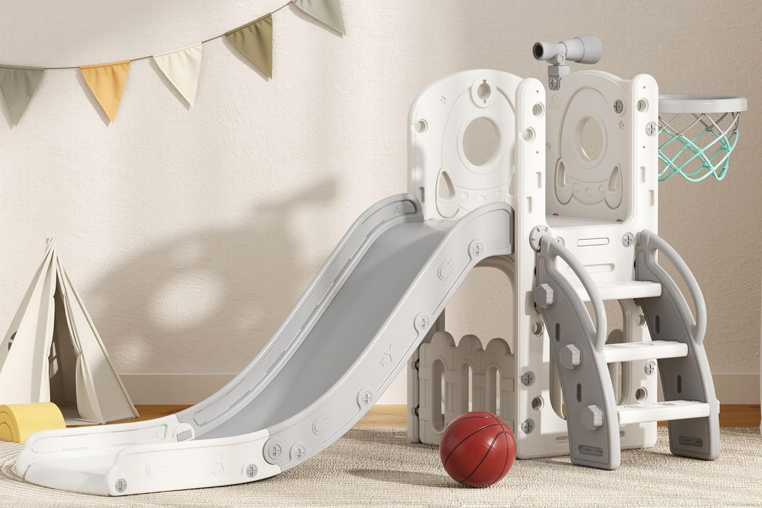 Glaf Toddler Slide 6 in 1 Indoor Playground Outdoor Playset for Kids Toddlers Age 1-3 Baby Slide with Basketball Hoop and Ball Storage Space and Telescope Freestanding Climber Slides Toys (Grey)