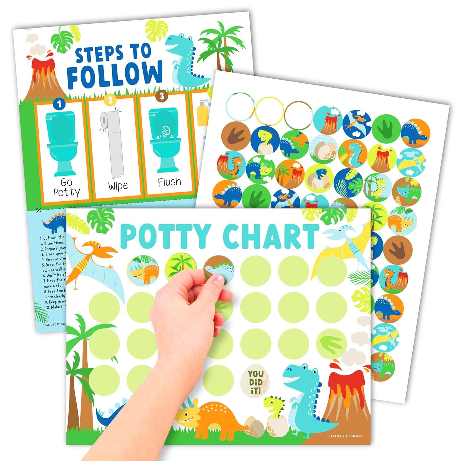 Hadley Designs Potty Training Chart for Toddlers Boys -10 Sticker Potty Chart for Toddlers Boys, 8.5x11" Potty Training Sticker Charts for Toilet Success, Dinosaur Toddler Reward Chart for Kids