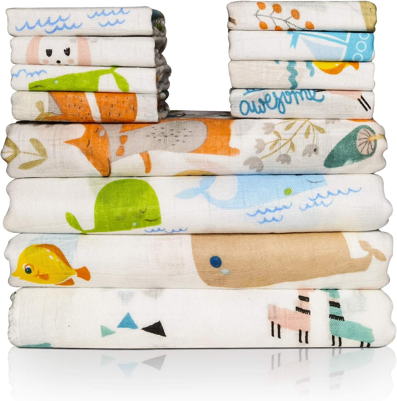 Baby Swaddle Blanket and Washcloths Set,12 Pieces Muslin Cotton Baby Swaddle Wrap and Wash Cloths Unisex for Boys and Girls, 4 Pack for 40 x 40 Inches and 8 Pack for 8 x 10 Inches