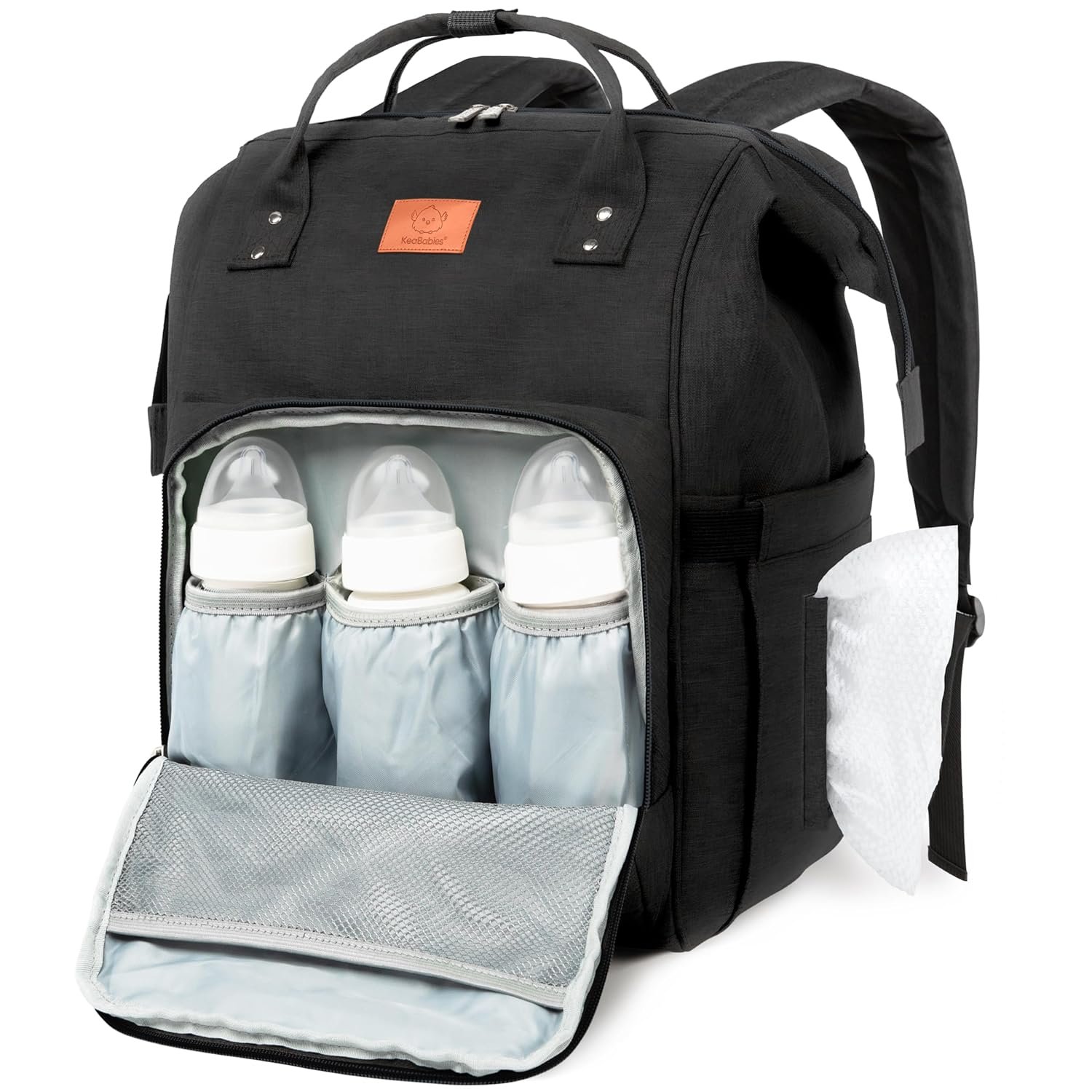 KeaBabies Baby Diaper Bag Backpack - Large Baby Bag for Boys, Girls, Waterproof Multi Function Travel Diaper Backpack with Changing Pad, Durable Travel Essentials for Moms and Dads (Trendy Black)