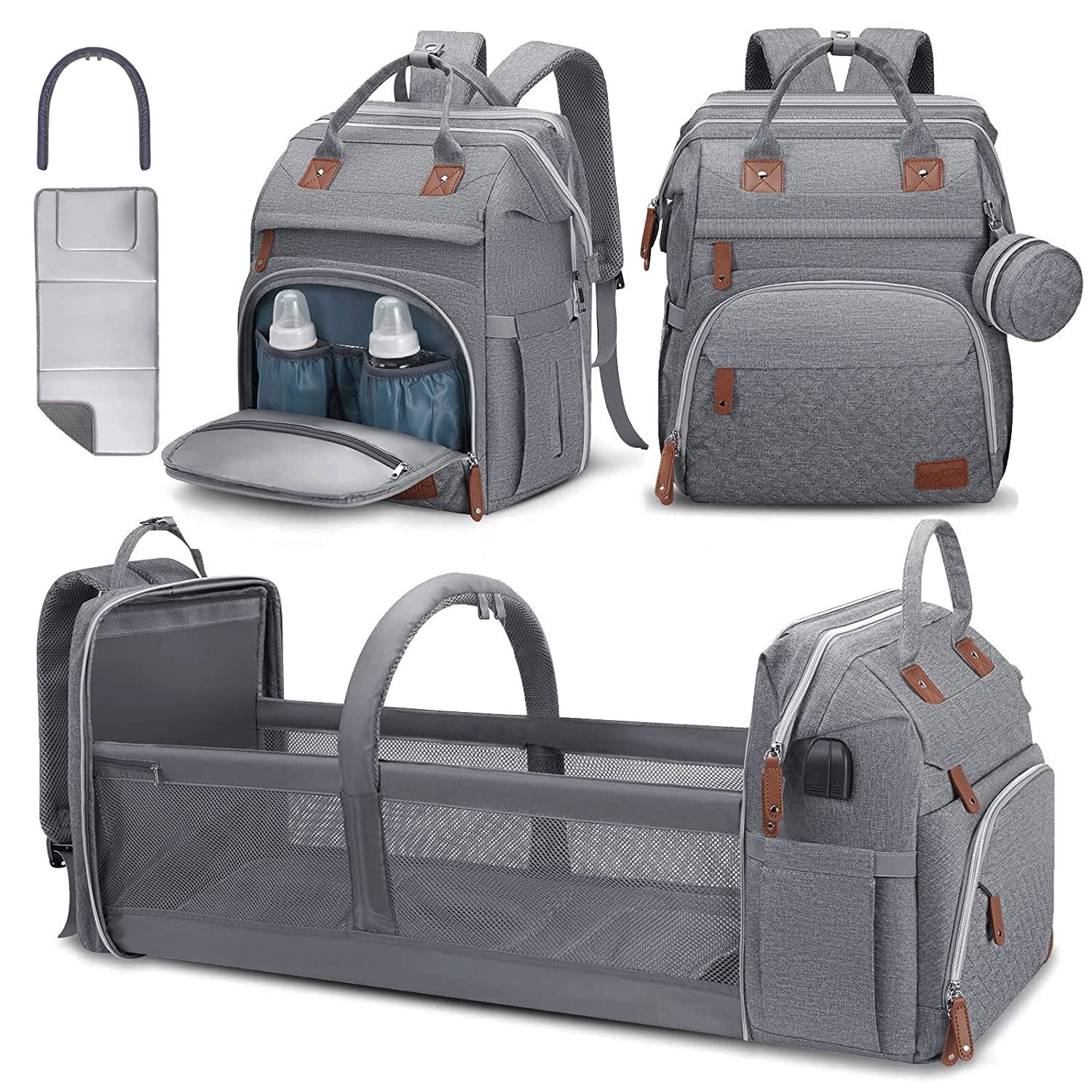 DERJUNSTAR Diaper Bag Backpack – Large Capacity Baby Diaper Bag with Changing Pad, Waterproof Travel Backpack for Boys & Girls, Multi-Function Baby Bag with USB Charging Port, Grey