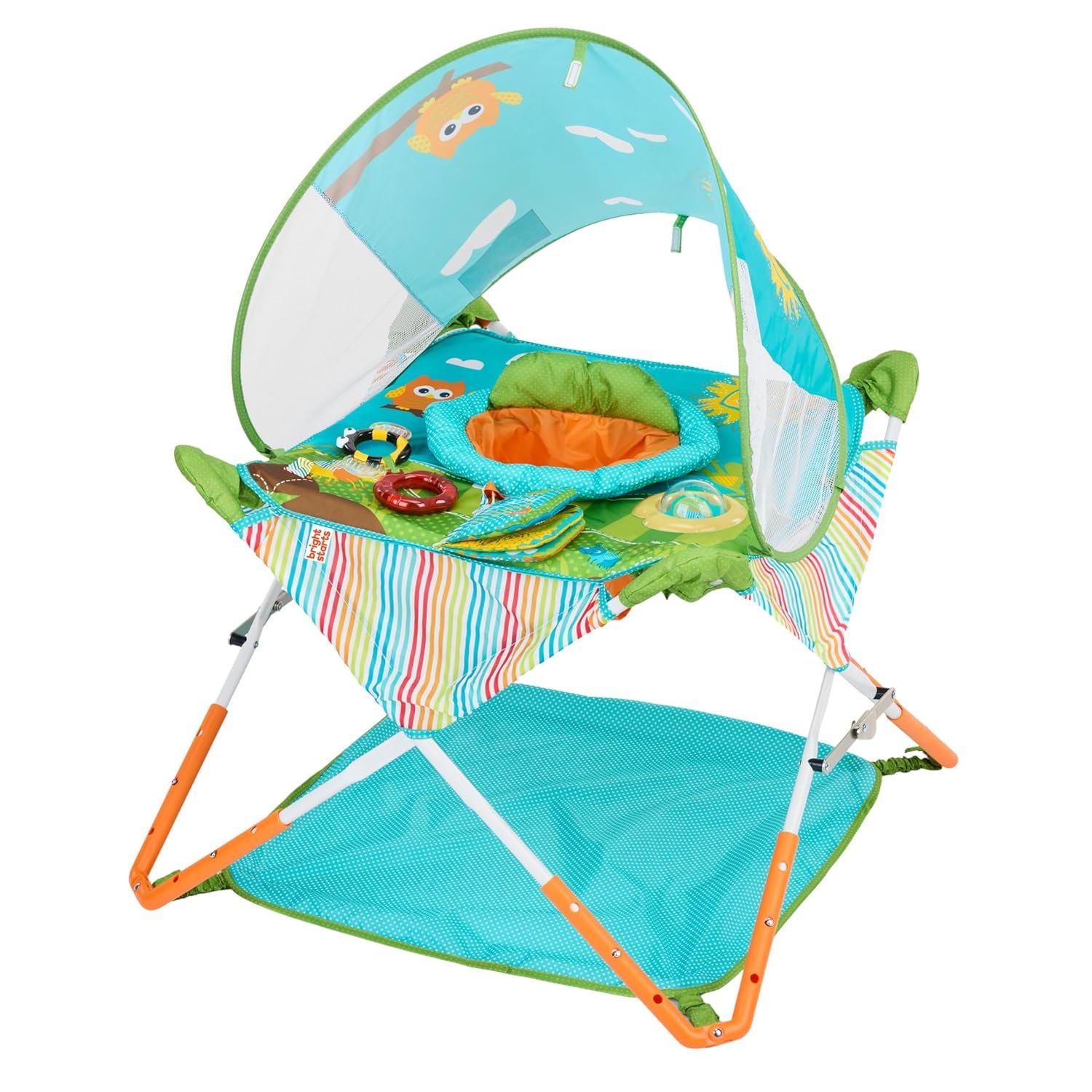 Bright Starts Pop 'N Jump Portable Baby Jumper, Foldable Indoor/Outdoor Baby Jumper with Owl Forest Sensory Activities, Ages 6–12 Months