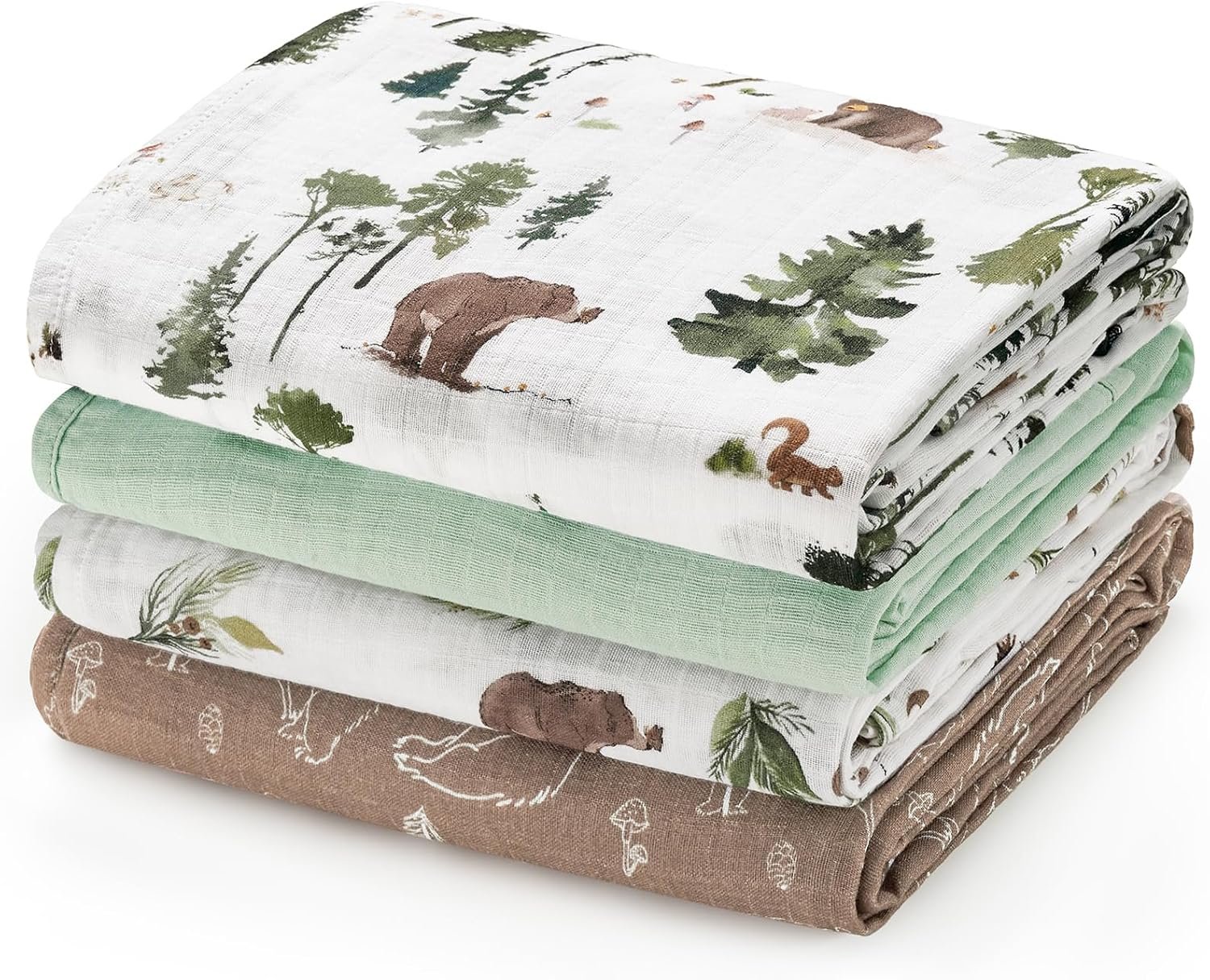 david's kids 4 Pack Baby Muslin Swaddle Blankets, 100% Cotton and Ultra Soft Breathable Receiving Blanket Wrap for Boys Girls, New Born Essentials, Large 47 x 47 inches, Woodland Animals/Green
