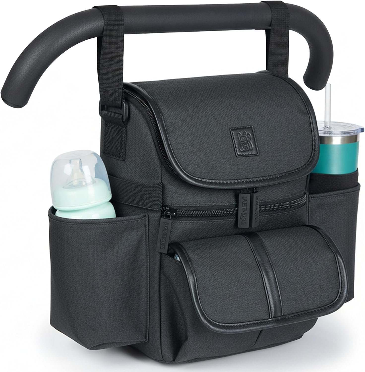 Universal Baby Stroller Organizer, Stroller Caddy , 2 Wide Cup Holders & Stability Bottle Straps, Adjustable Shoulder Strap, Fits 11" Tablet, Magnetic Pocket, YKK Zippers & Mesh Pockets, Waterproof