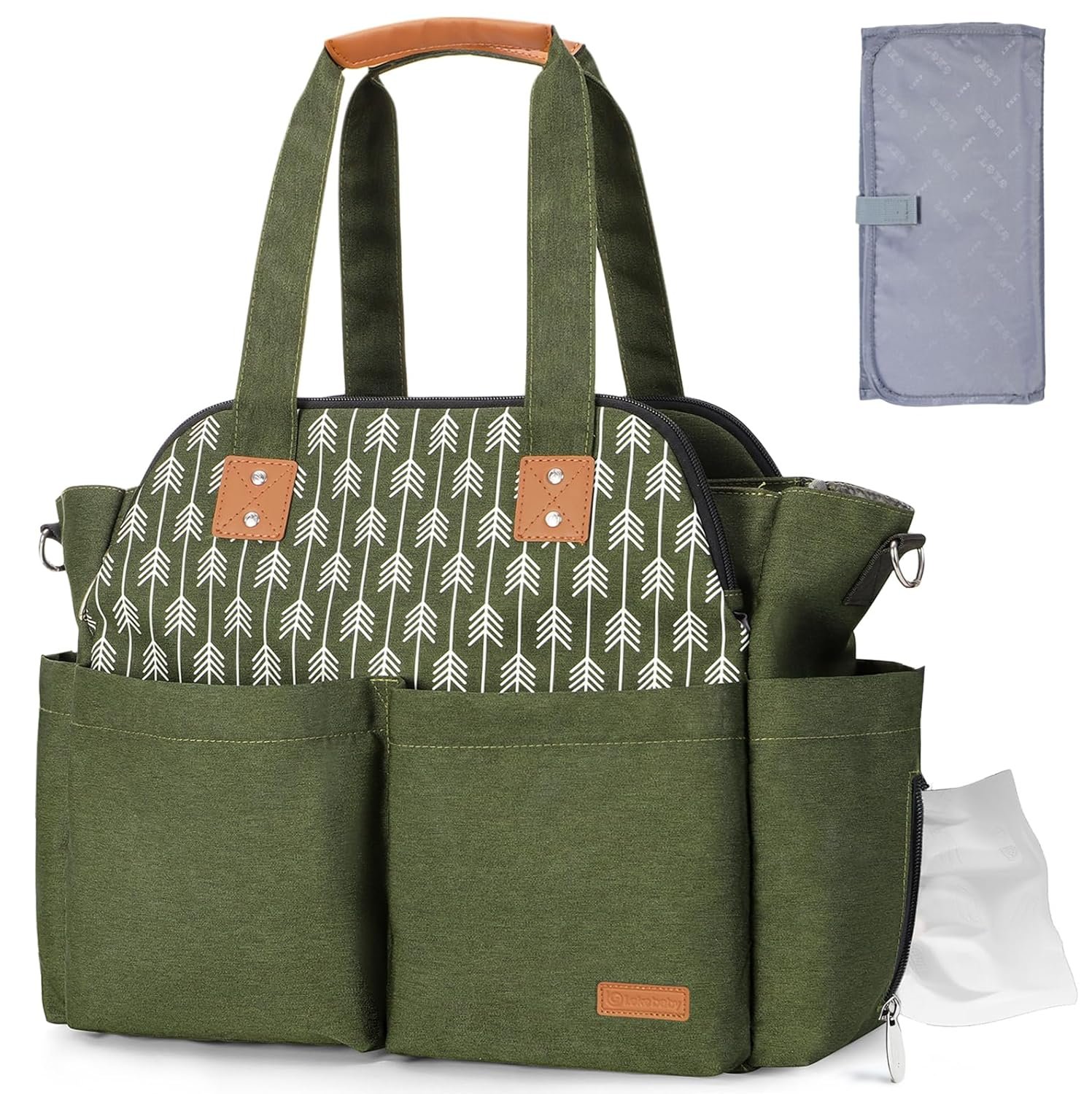 Lekebaby Diaper Bag Tote for Baby - 17 Pockets Large Travel Diaper Tote with Portable Changing Pad, Mom Crossbody Hospital Bag with Purses, Waterproof, Baby Essentials for Newborn Gifts, Green