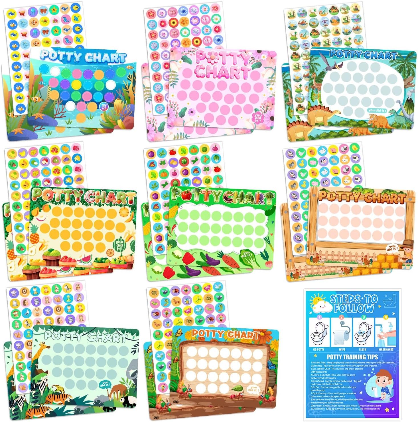 25 Pcs Potty Training Chart 8 Themes Potty Training Reward Chart with 560 Stickers Develop Toileting Habit for Toddlers Girls Boys