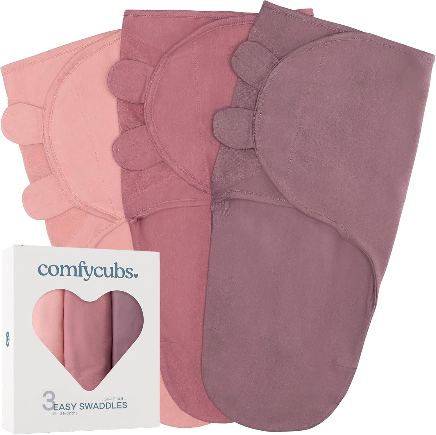 Comfy Cubs Easy Swaddle Blanket, 3 Pack - 100% Cotton Newborn Wrap, Small for 0-3 Months Infants, Breathable and Durable Sleep Sack for Babies - Blush, Mauve & Mulberry