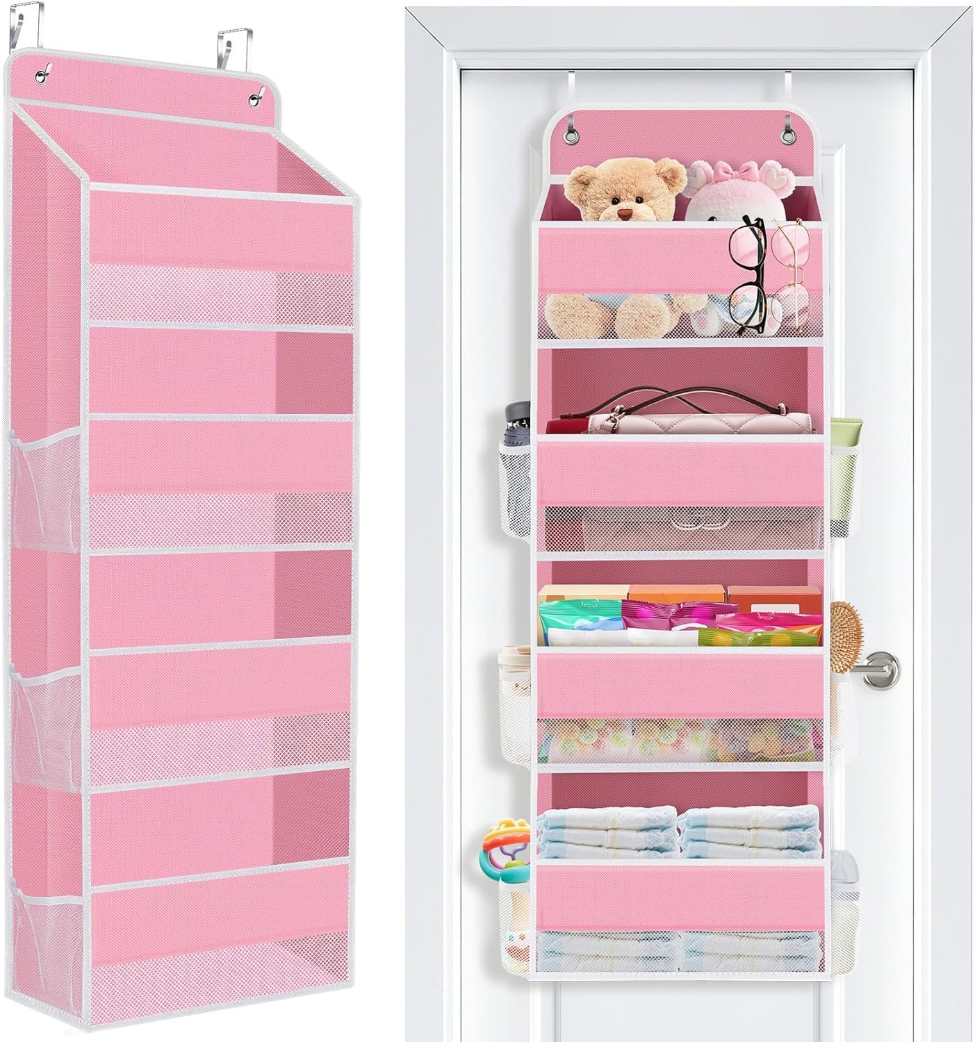 SpaceWhisper Over the Door Organizer, 4 Large Pocket Hanging Storage Organizer with 40lb Capacity, Space Saving for Nursery, Bathroom, Bedroom, Closet - Baby Essentials & Toiletry Organizer (Pink)