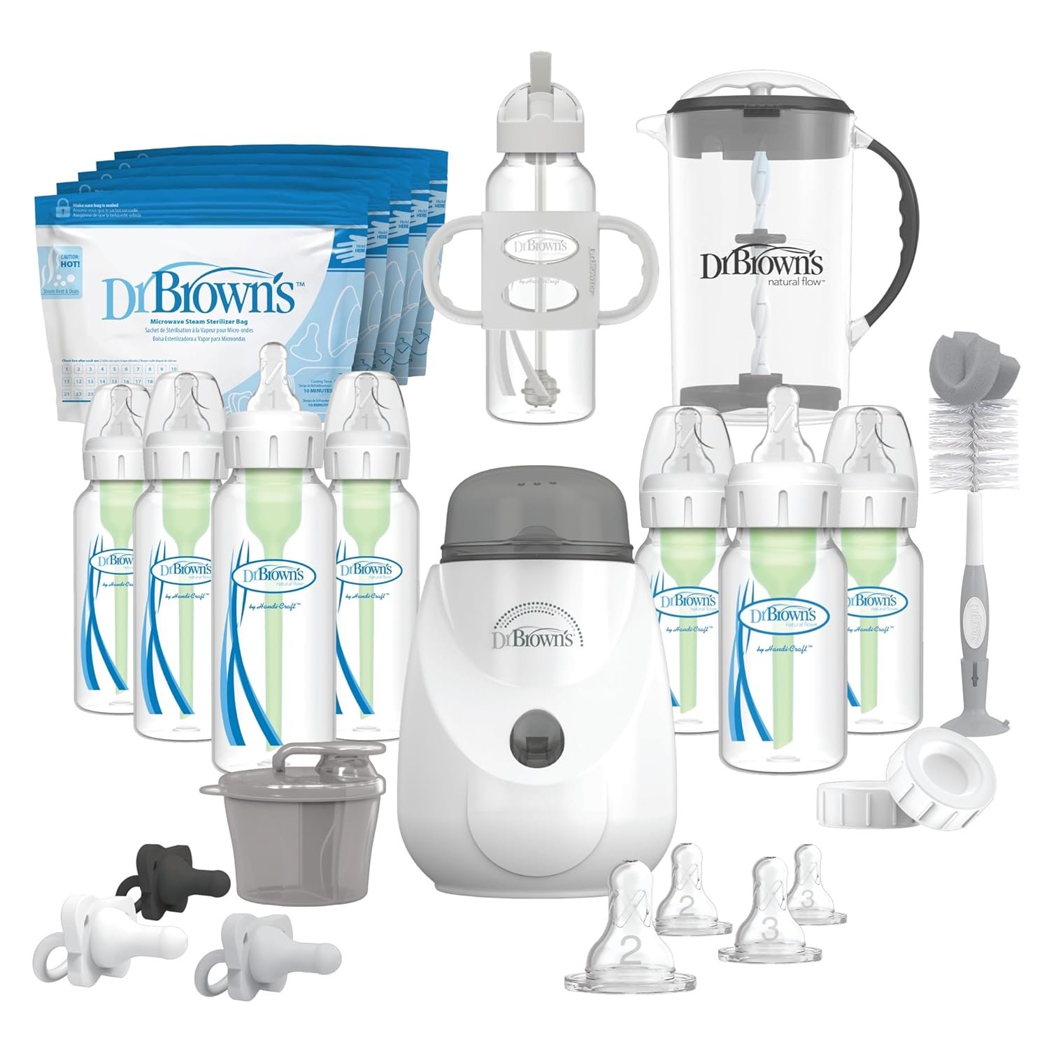 Dr. Brown's Natural Flow Anti-Colic Options+ All-In-One Gift Set for Newborn, with Bottle Warmer, HappyPaci Pacifiers, Cleaning Brush, Formula Mixing Pitcher & Formula Dispenser, 0m+
