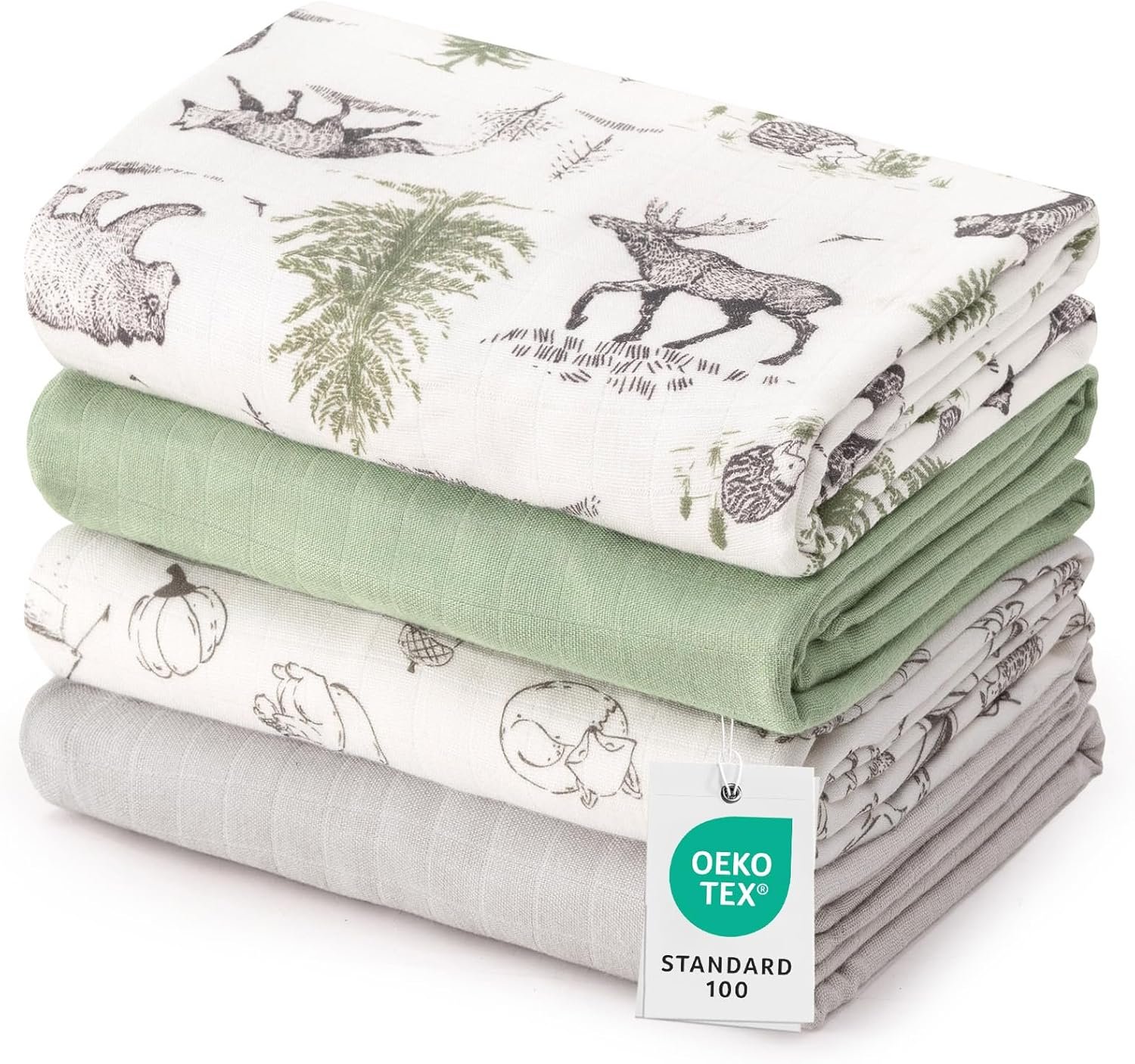 david's kids Muslin Swaddle Blankets, 4 Pack Organic Cotton Baby Blankets, Breathable Soft Receiving Blanket for Boys Girls, Newborn Essentials, Large 47 x 47 inches, Animal & Forest
