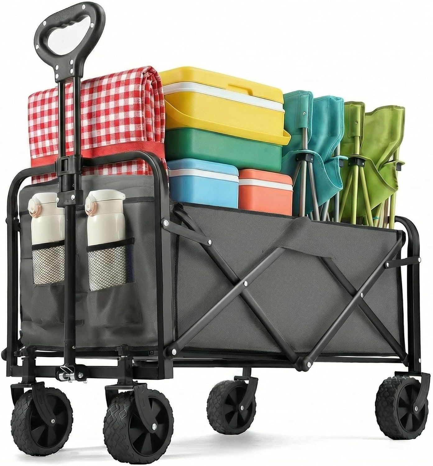Collapsible Wagon 220 lbs, Heavy Duty Wagon Carts Foldable, Portable Wagons for Groceries, Beach Cart with All-Terrain Wheels & Drink Holders, Utility Wagons for Shopping, Sports, Camping, Grey