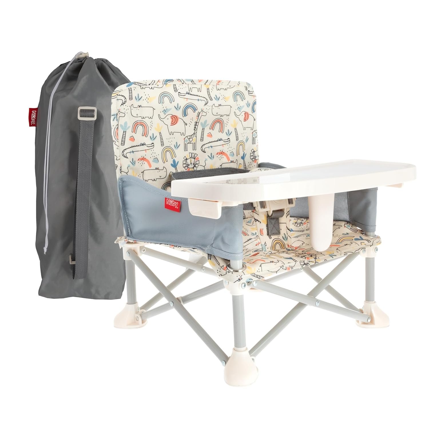 Nuby Pop-Up Booster Seat with Removable Tray - 6+ Months - Portable Booster Seat for Floor for Indoor/Outdoor Use - 3-Point Safety Adjustable Straps - Summer Travel Essentials - Safari