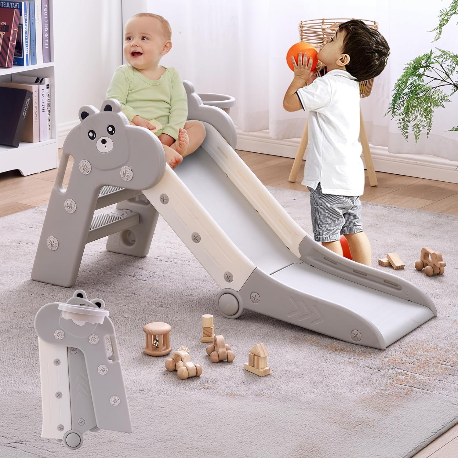 DOREROOM Toddler Slide Indoor Slides for Toddlers Slide Kids Foldable Baby Plastic Playground with Basketball Hoop and Ball