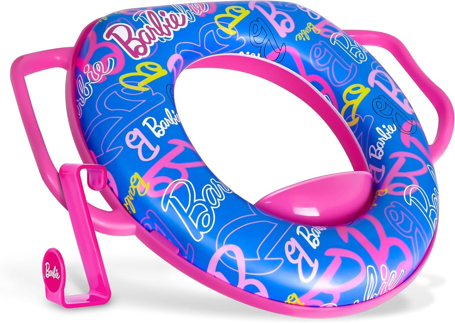 Barbie™ Soft Potty Training Seat for Toilet with Storage Hook, Cushioned Non-Slip Potty Ring with Splash Guard, Built-in Handles for Toddlers, Pink & Blue Barbie Theme