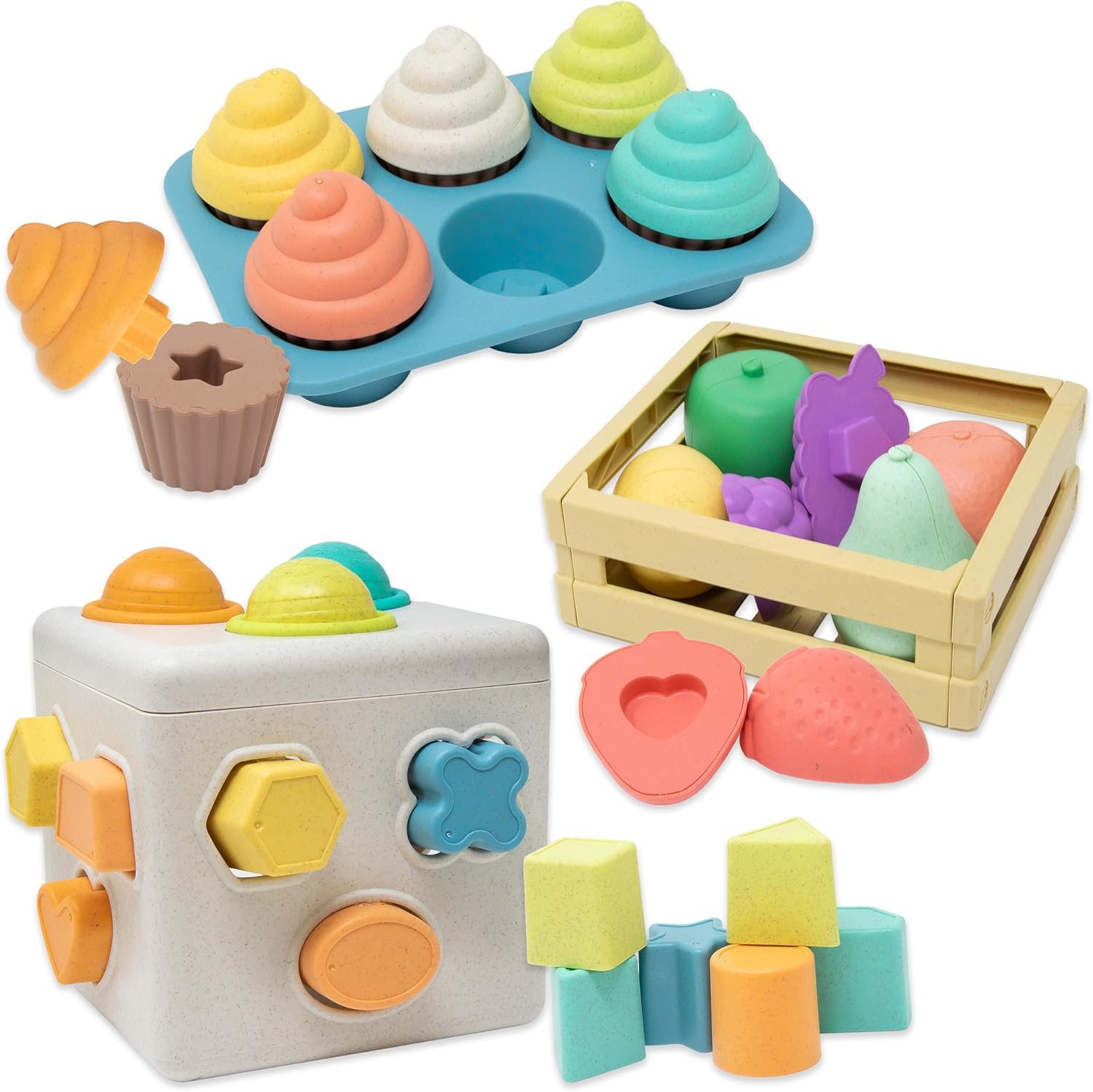 Set of 3 Shape Sorter for Toddlers Montessori Baby Blocks Shape Sorting Cube, Color Matching Fruit & Cupcake Toy, Learning Toys for Kids 18 months + (2025 Model Eco-Friendly Made with Wheat Straw)