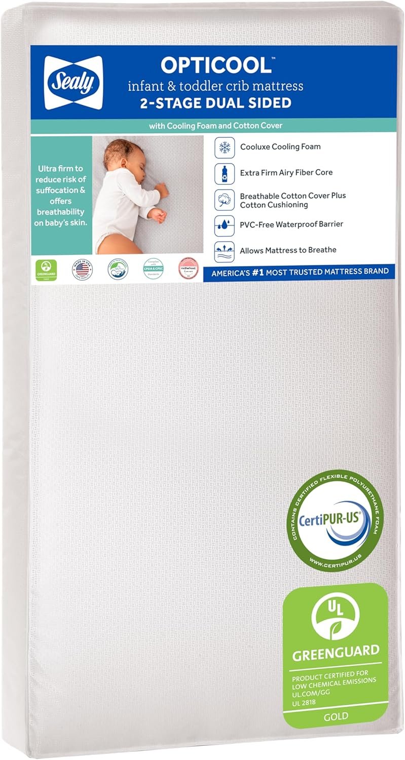 Sealy Baby OptiCool Breathable Crib Mattress, GREENGUARD GOLD Certified, Made in USA, Toddler Bed Fit, 2 Stage Cooling Memory Foam, Non Toxic, Airy Cotton Cover, Safety & Quality Tested, 52x28"