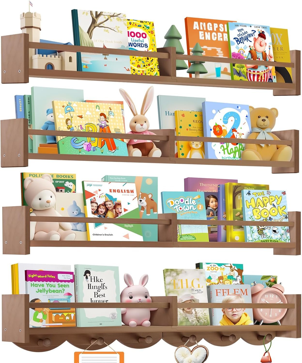 34Inch Nursery Book Shelves Wall Mounted, Floating Book Shelf for Kids Coat Rack with 6 Hooks, Wall Hanging Shelf for Baby Nursery Room Organizer ，Patent Number:US-D1058229-S(4, Light Brown)