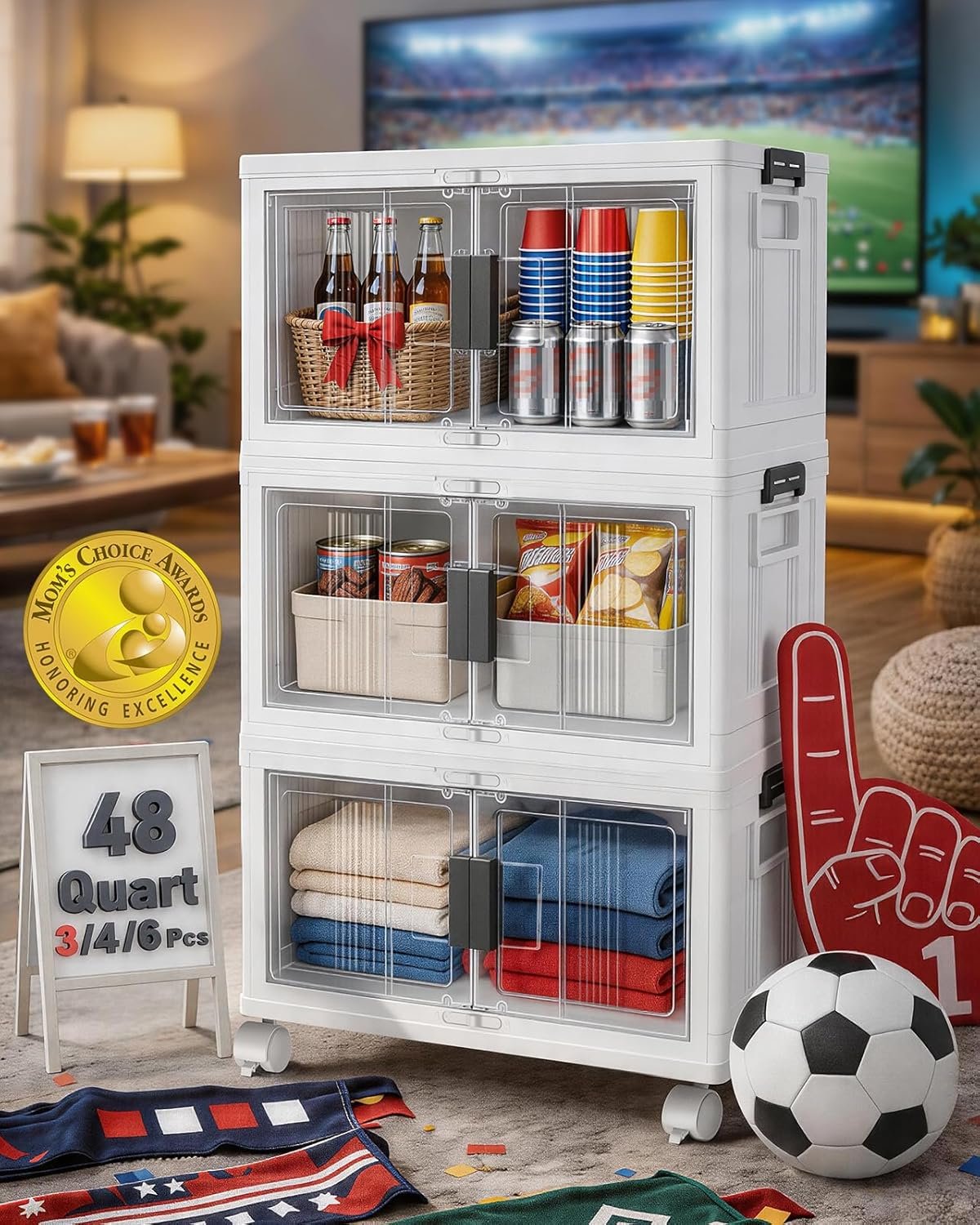 OlarHike 144QT Lockable Storage Bins with Lids - Folding Storage Cabinet with Doors & Wheels, Collapsible Plastic Box for Closets, Office, Gathering, Stackable Organizer & Containers, Gifts, 3 Pack