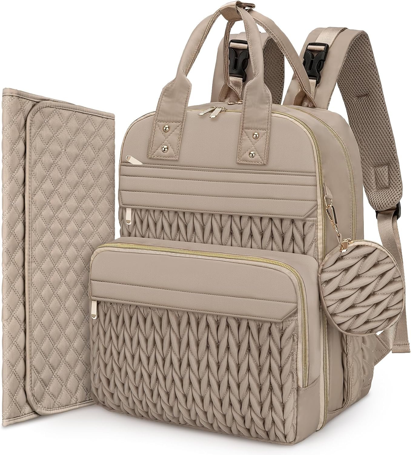 Diaper Bag Backpack, Waterproof Stylish Baby Bag with Changing Pad, Large Capacity Travel Essentials Baby Diaper Bag with USB Port, Stroller Straps & Pacifier Case (Khaki)