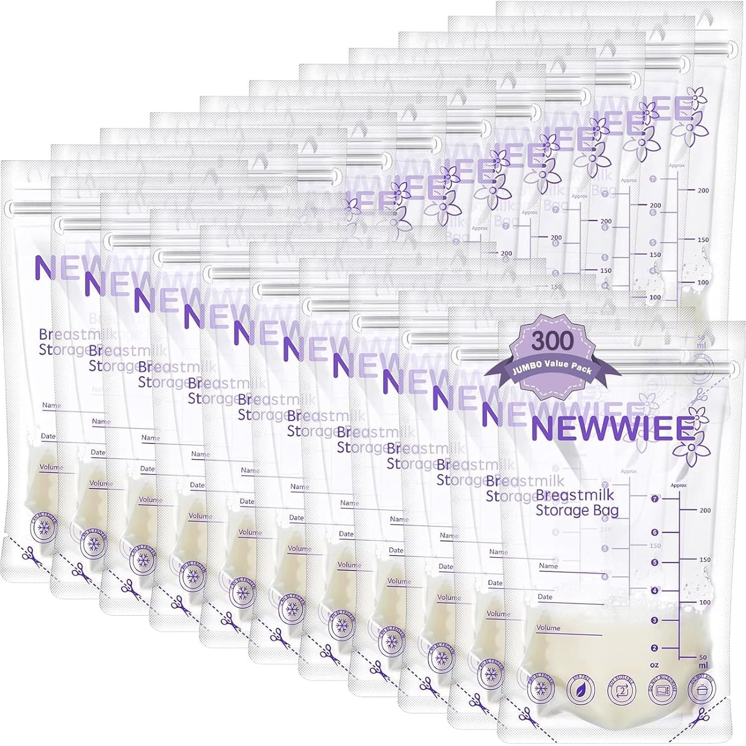 Newwiee 300 Count Breastmilk Storage Bags 8 oz Breast Milk Storing Bags Milk Storage Bags for Breastfeeding with Pour Double Seal Self Spout Standing Breastmilk Storing Bags(Purple)