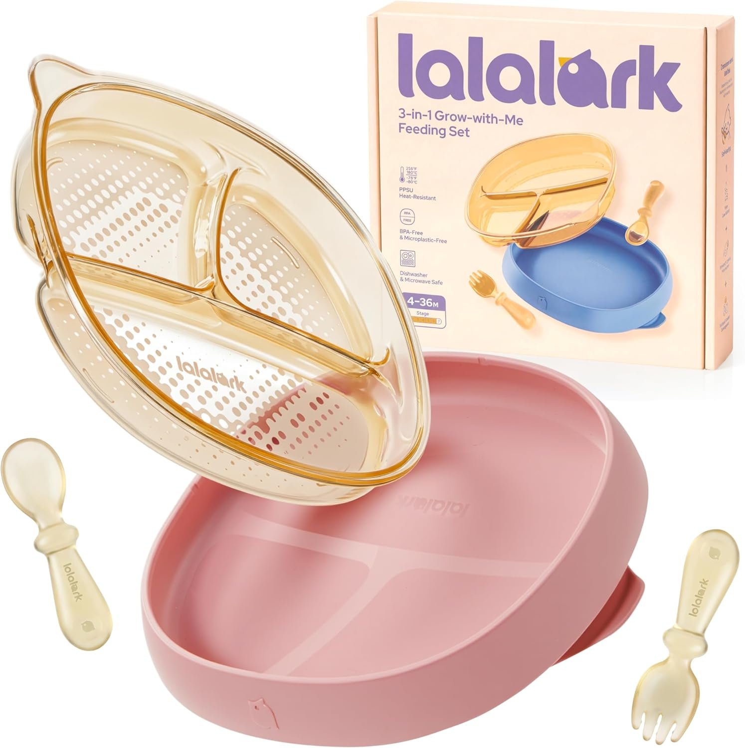3-in-1 PPSU Baby Suction Plates with Spoon & Fork - Premium Bottle-Grade Silicone Divided Dishes, Stage-Based Self-Feeding Dinnerware 6M-3Y, BPA Free Odor & Stain Resistant, Microwave Dishwasher Safe
