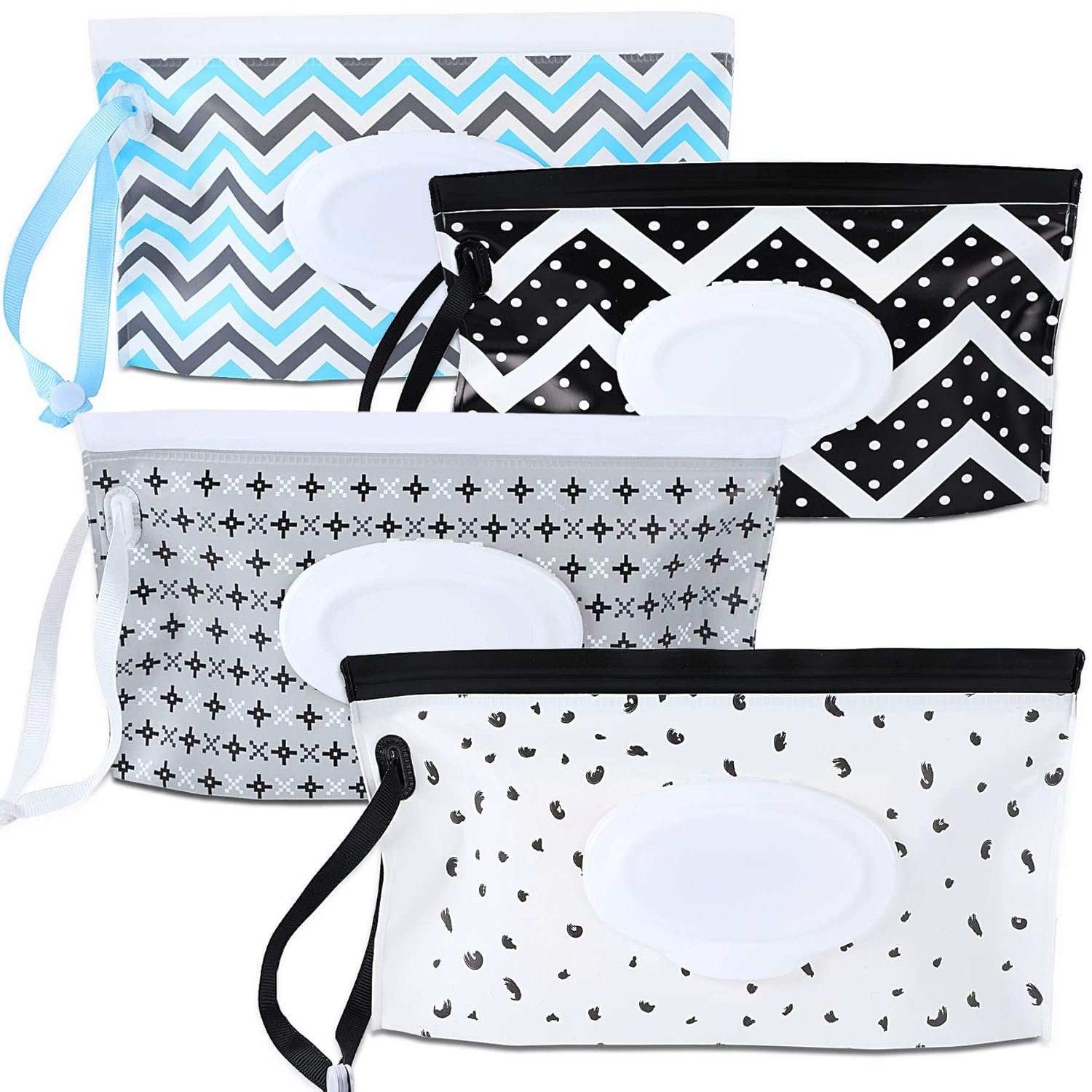 FEBSNOW 4 Pack Baby Wipe Dispenser, Portable Refillable Wipe Holder, Baby Wipes Container, Wipe Dispenser, Reusable Travel Wet Wipe Pouch (Geometric)