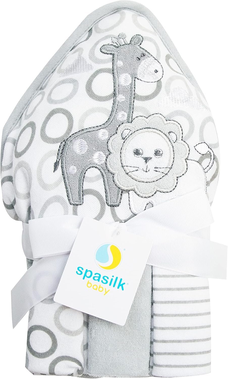 Spasilk 4-Piece Soft Terry Hooded Bath Towel and Washcloth Set, 1 Baby Towel and 3 Baby Washcloths for Newborn Boys and Girls, Gray Lion