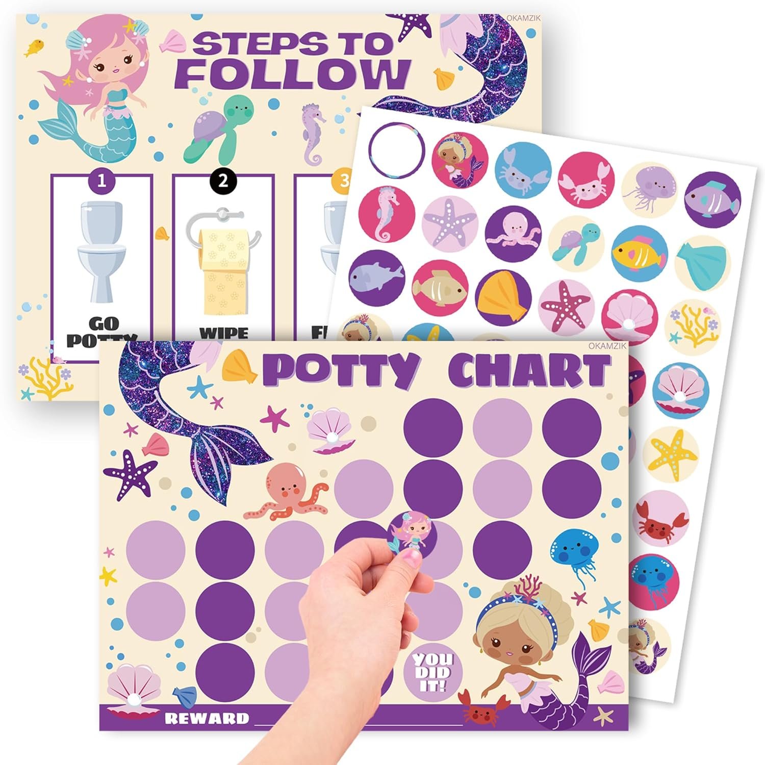 Potty Training Chart for Girls, Mermaid Theme, 8.3 x 11.2 inches, 10 Pack Chart with 5 Pack Reward Stickers
