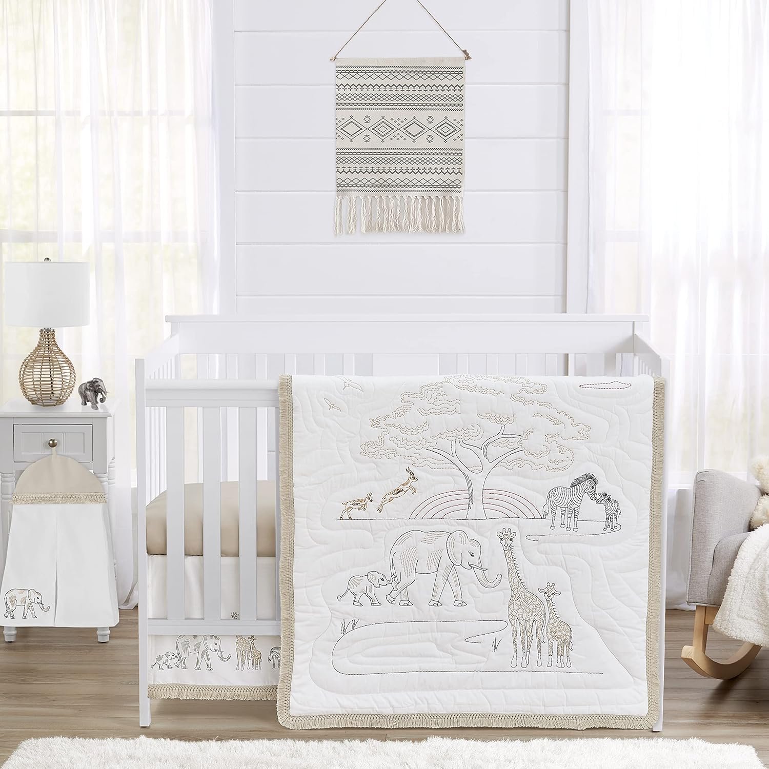 Sweet Jojo Designs 4-Piece Baby Crib Bedding Set (100% Cotton Jungle Animals) for Boys or Girls, Infants/Nursery incl. Blanket, Fitted Sheet, Skirt, Diaper Stacker (Neutral, Wildlife Safari, Elephant)