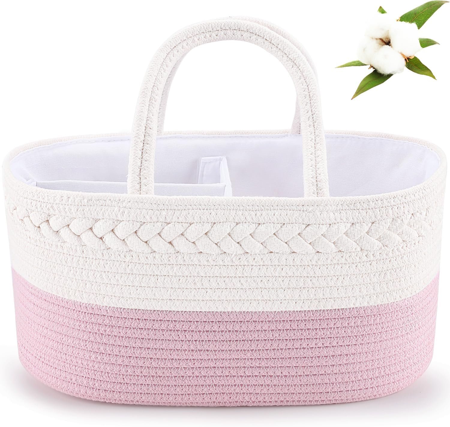 ABenkle Diaper Caddy Organizer - Cotton Rope Nursery Storage Basket for Baby Essentials, Boys & Girls Shower Gift, Changing Table Organizer, Pink