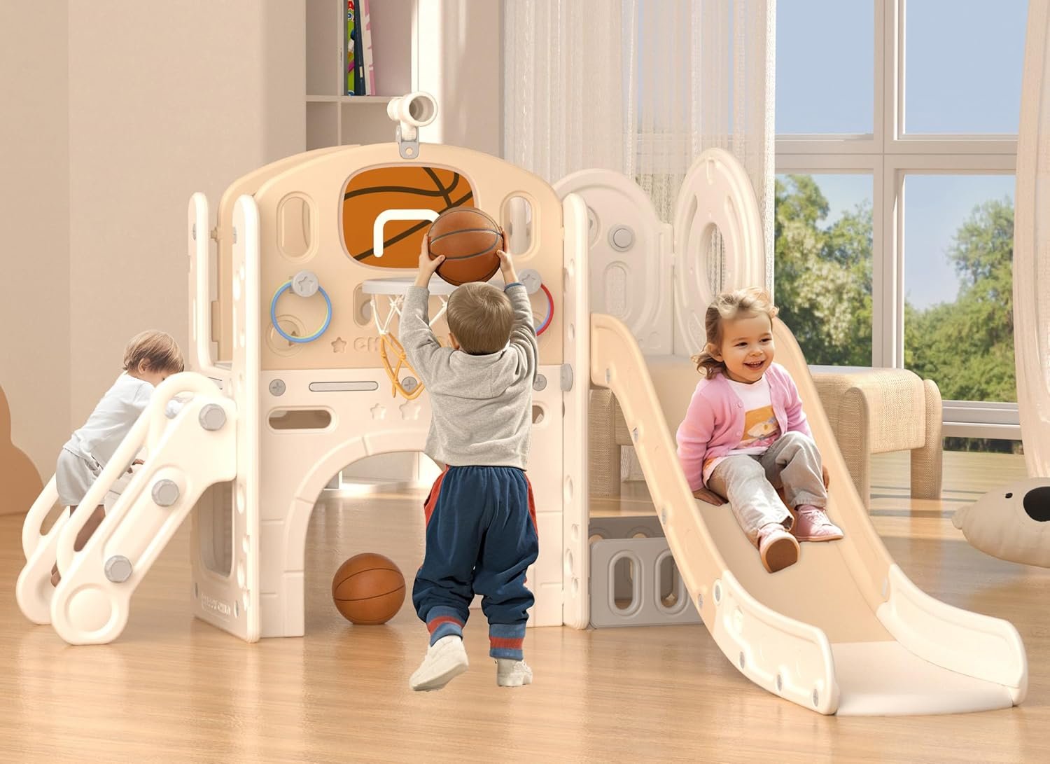 XJD 8 in 1 Toddler Slide Set, Kids Slide for Toddlers Age 1+, Climber Slide PlaySet with Basketball Hoop and Ball,Outdoor Indoor Playground for Toddlers 1-3 (Beige Coffee, 8 in 1)