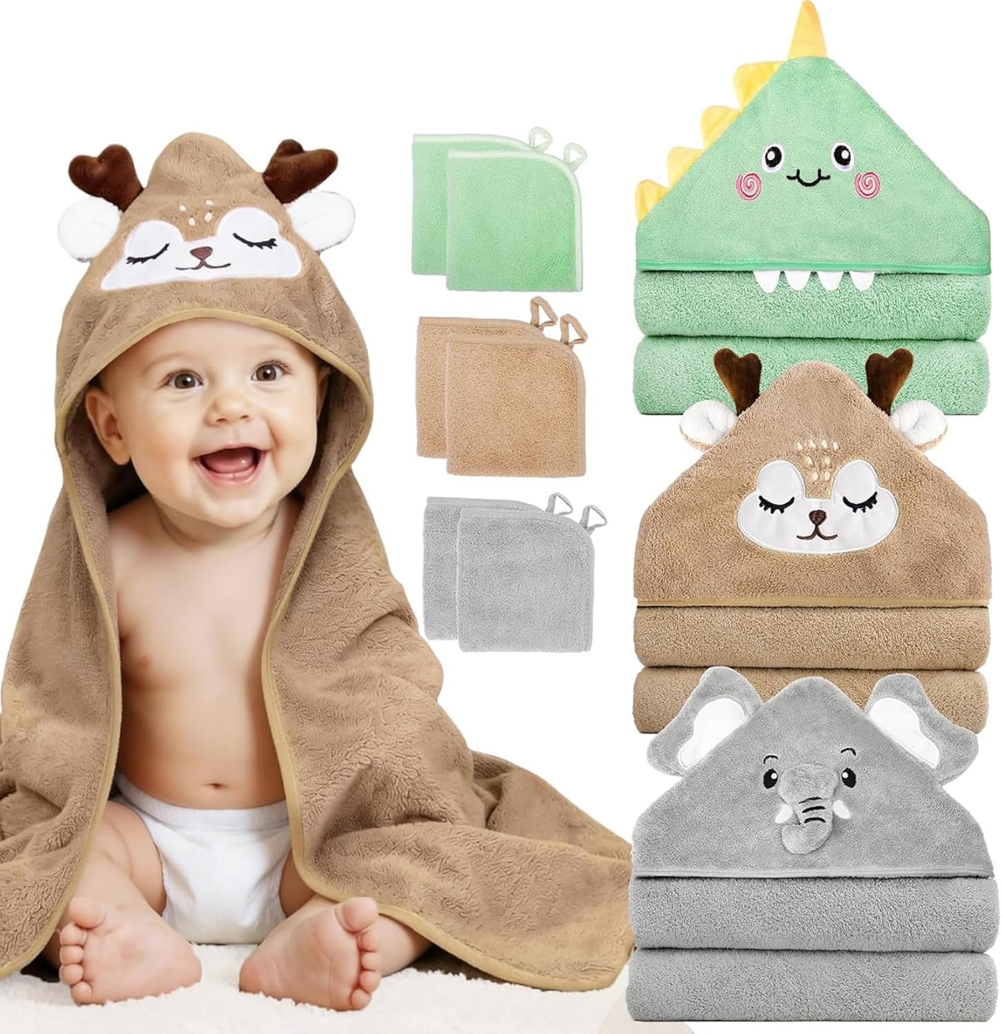 9 PCS Baby Bath Towels for Infants Toddlers, 3 PCS Animal Hooded Baby Towels & 6 PCS Washcloths Set, Ultra Absorbent Soft Cute Newborn Bath Essentials Gifts for Boys & Girls