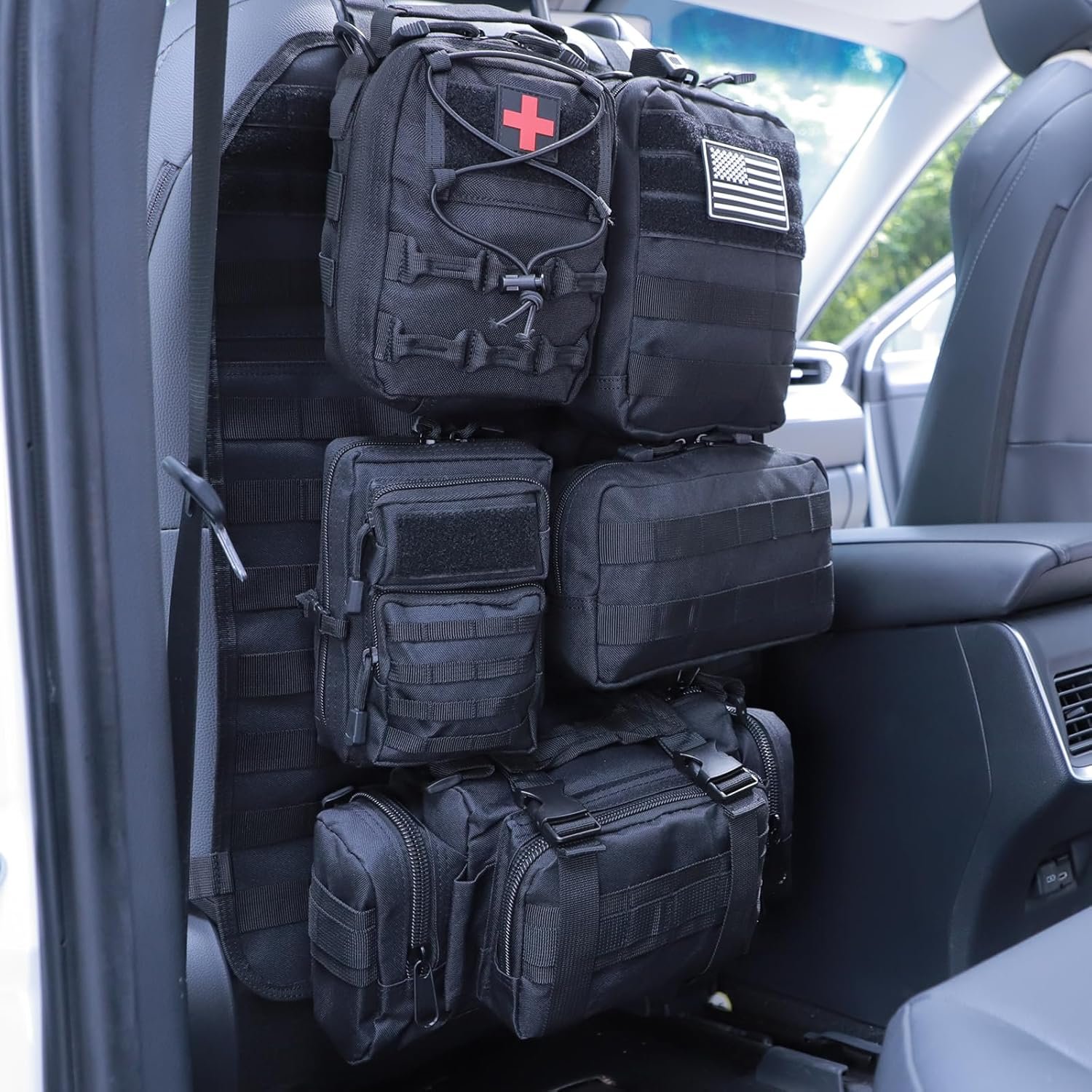 Universal Tactical Seat ​Back Organizer Vehicle Molle Panel Organizer Storage Bag with 5 Detachable Molle Pouch for All Vehicel Such as Jeep,Truck,SUV, Car, Ford,Chevy etc