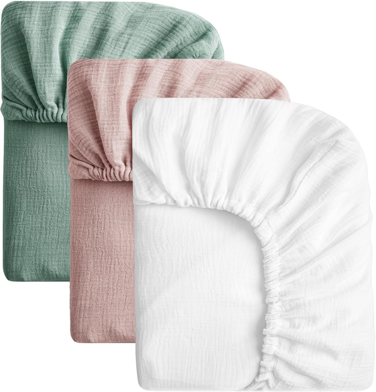 SOULFUL Muslin Crib Sheets for Boys Girls, 3 Pack Soft and Breathable Cotton Fitted Crib Sheets for Standard Crib Mattress (28"x 52", White & Dusty Rose & Green)