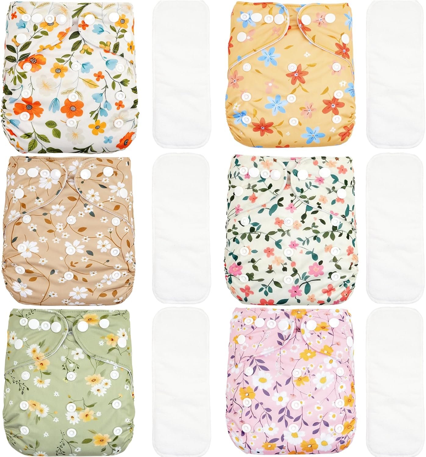 CoolaPeach 12 Set Reusable Adjustable Cloth Diapers for Newborn to 0-3 Years,One Size Washable Pocket Nappy Covers for Baby Girl and Boy,6 Pack Cloth Diapers+6pcs Microfiber Inserts (NCP05)