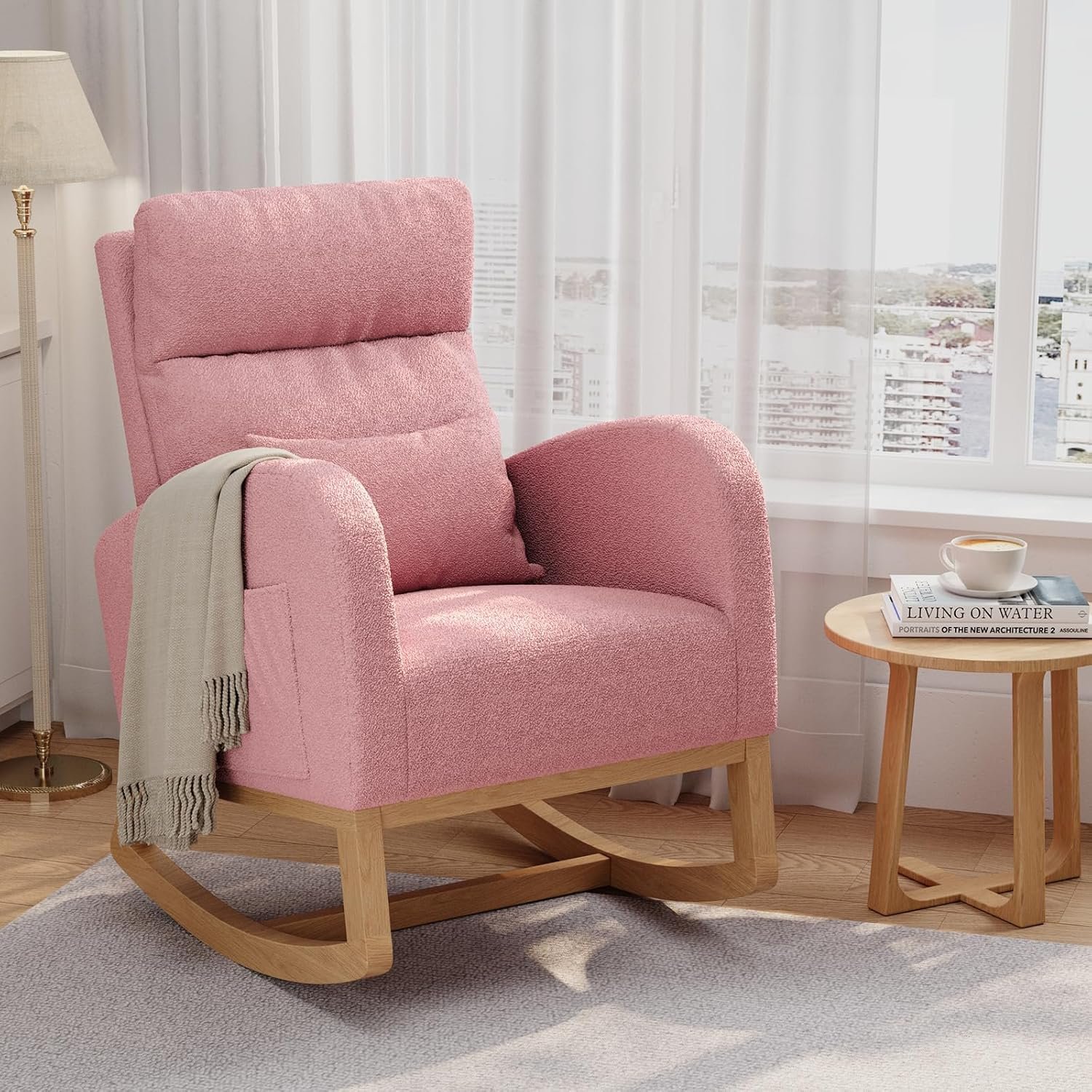 GarveeHome Rocking Chair, Modern Nursery Glider Chair with Side Pockets and Pillow, Rocker Chair for Living Room Bedroom Nursing Room, Pink