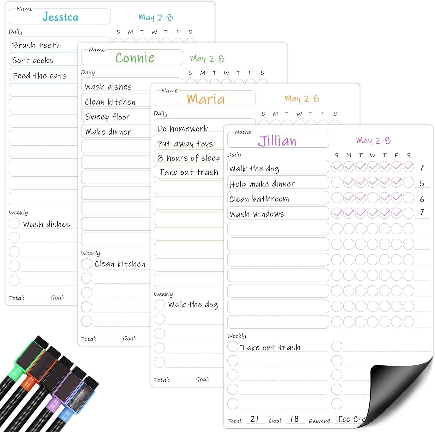 Magnetic Chore Chart for Kids Multiple Kids, 4 Pcs Dry Erase Chore Chart for Adult Teenagers Family Home Daily/Weekly Behavior Chore List Responsibility Reward Chore Board for Refrigerator