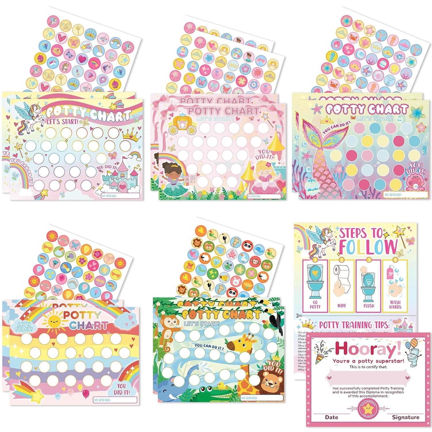Potty Training Chart for Toddlers Girls with Fun Reward Stickers - 18 PCS Potty Training Sticker Chart - 5 Fun Styles Potty Chart for Kids - Potty Chart Develop Toileting Habit for Toddlers Girls