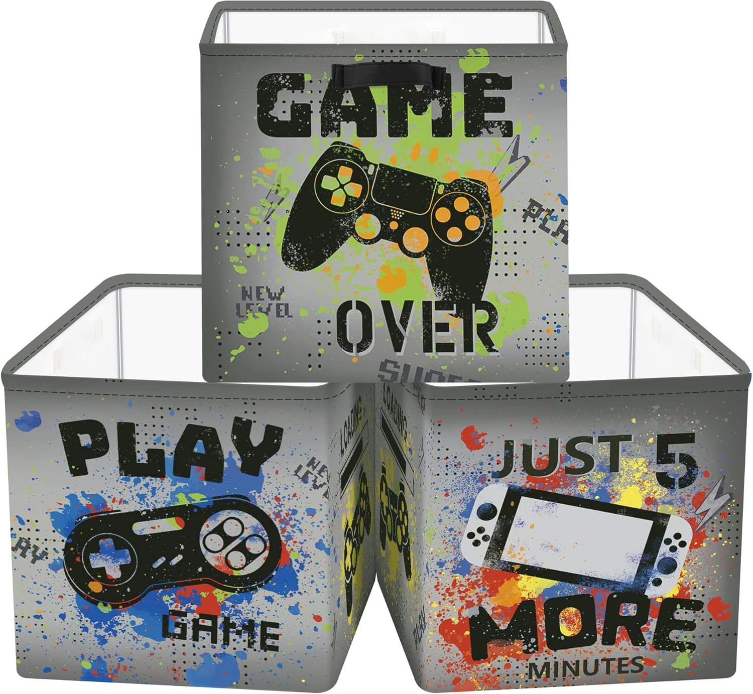 Clastyle Video Game Kid Storage Cube Organizer Set Black Gamepad Closet Clothes Cube Storage Bin Nursery Toddler Toy Box Chest Girl Boy Book Shelf Basket,Graffiti,11.8x11.8x11.8 in