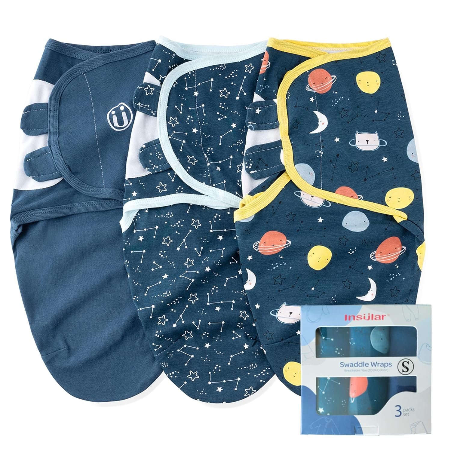 insular Baby Swaddle Wrap, Swaddle Blanket for Newborn and Infant, Adjustable Swaddling Set for Boy and Girl, Soft Cotton Baby Sleep Sack 3 Pack, Space, Small(0-3 Month)