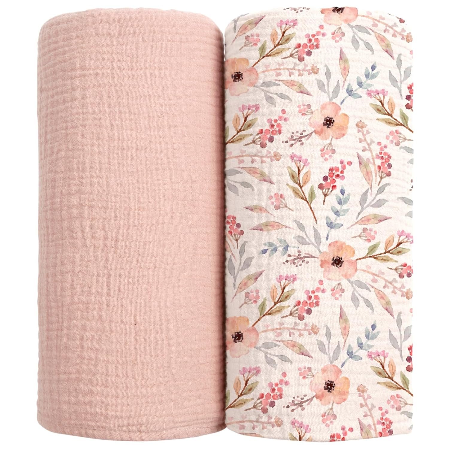 lulumoon Muslin Swaddle Blankets for Newborn - Soft Receiving Blankets - Floral Print Nursery Gift for Baby Girls(Pink Flower)