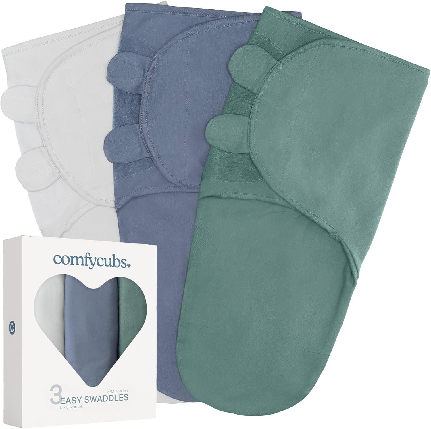 Comfy Cubs Easy Swaddle Blanket, 3 Pack - 100% Cotton Newborn Wrap, Small for 0-3 Months Infants, Breathable and Durable Sleep Sack for Babies - Stone, Nomadic Blue & Azul